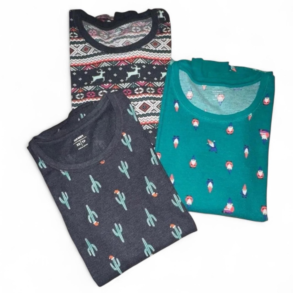 Old Navy Women's Xmas Patterned Pajama Tops Set - Teal, Dark Gray, Multicolor.
